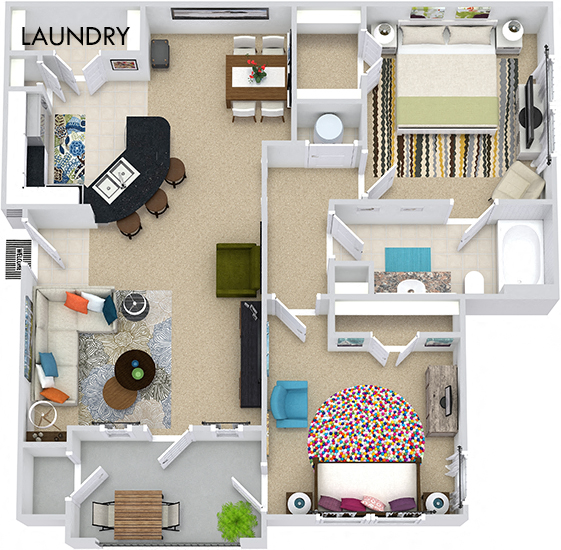 Floor plan for 2 beds, 1 bath, 952 sqft